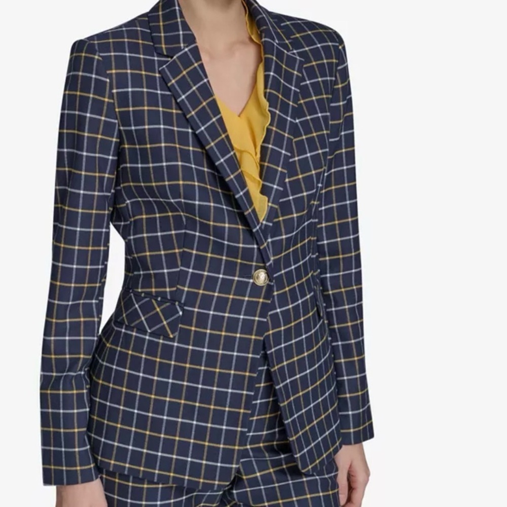 Tommy Hilfiger THFlex Slim Fit Plaid Blazer – Navy/Yellow Windowpane –16 - Picture 2 of 8
